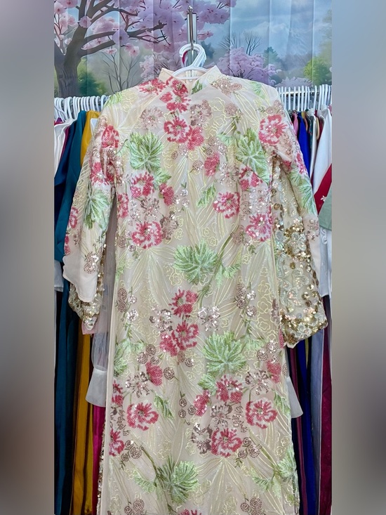 Other - Cream pink Ao dai suông kim sa sequin Vietnamese traditional long dress set  m 2